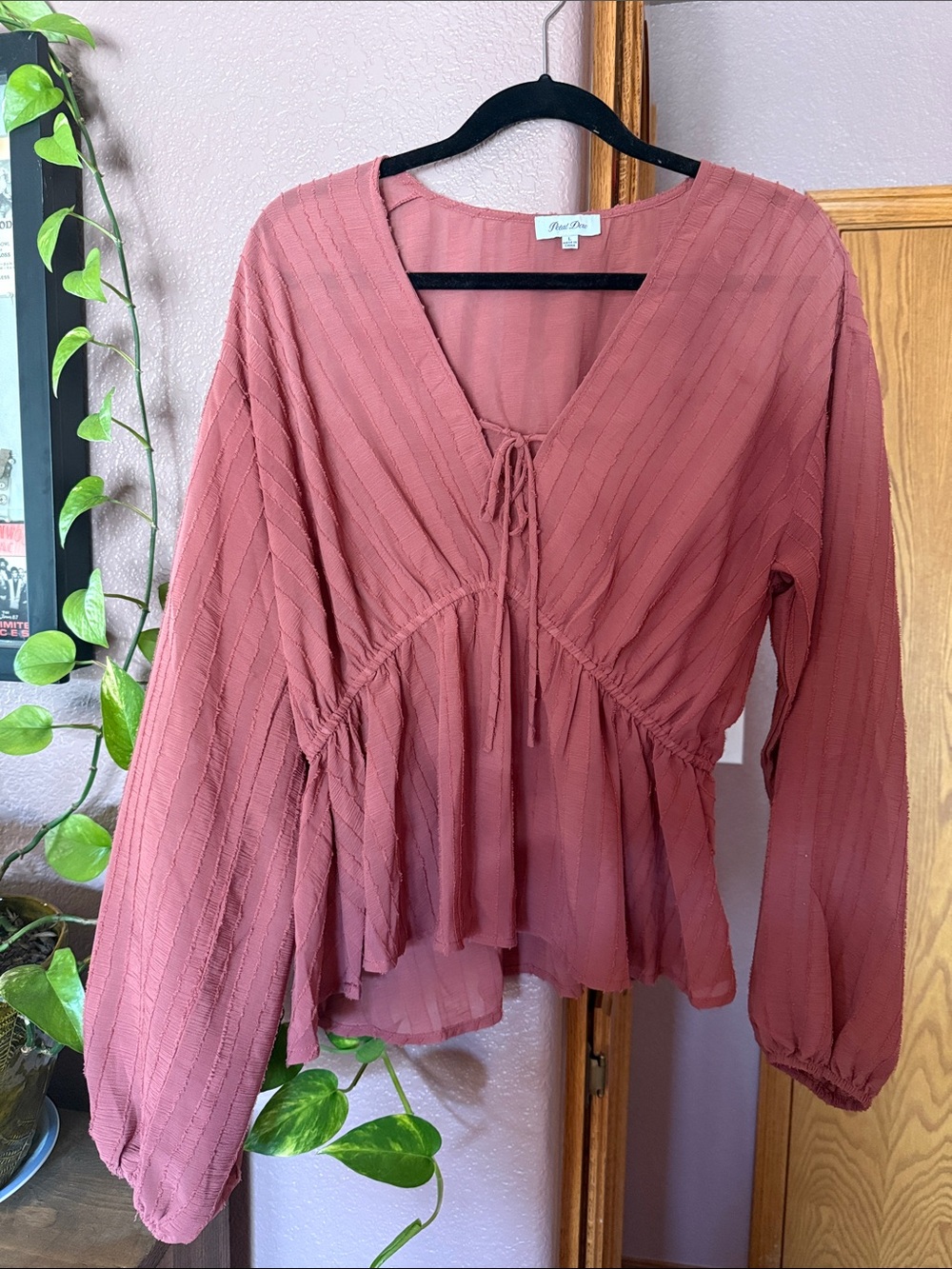 Petal Dew Dusty Rose Peasant Blouse - Women's Long Sleeve